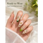 New‑Chinese Style 3D Pink Flower Press‑On Nails, Nude Green French Tips with Gold Foil & Gold Beads, Medium‑Long Almond False Nails